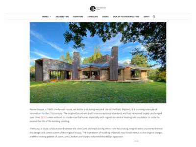 Screenshot of the Mid-Century Home website page featuring an external image of Ravine House.