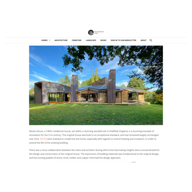 Screenshot of the Mid-Century Home website page featuring an external image of Ravine House.